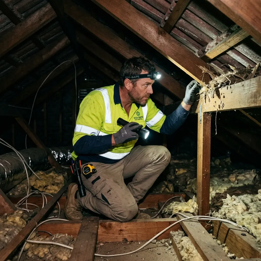 Technician inspecting a roof cavity for a dead animal in Mount Rowan