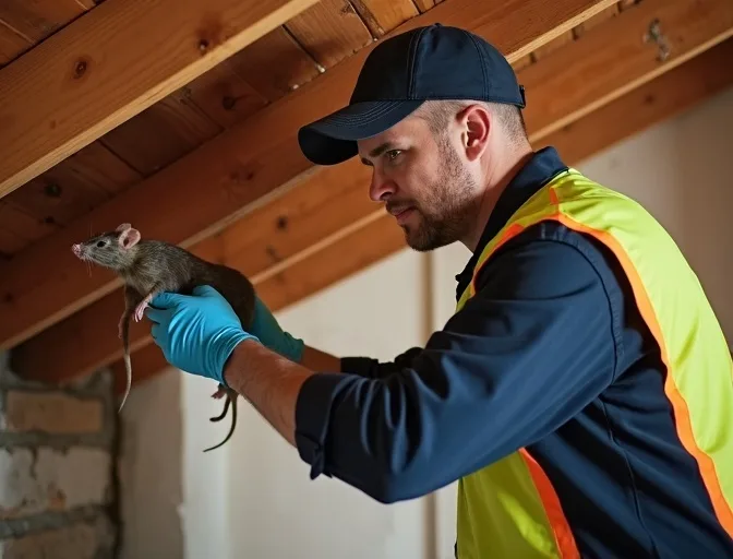 Technician inspecting a roof cavity for a dead rat in Mount Rowan